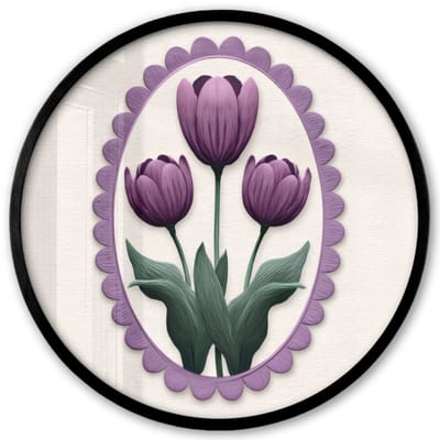 Poster in lijst Rond - Fotolijst 40x40 cm - Posters - Tulpen - Paars - Lijst - Bladeren - Ronde posterlijst zwart - Decoratie - Wanddecoratie woonkamer - Muurdecoratie slaapkamer