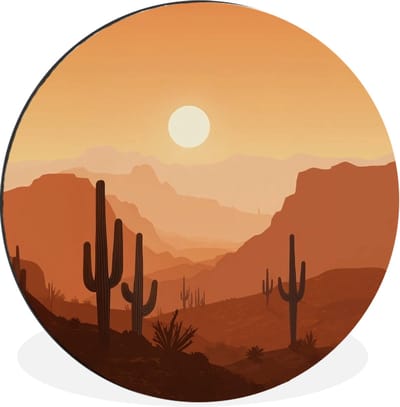 WallCircle - Wandcirkel - Muurcirkel - Landschap - Woestijn - Cactussen - Zon - Aluminium - Dibond - 30x30 cm - Binnen en Buiten