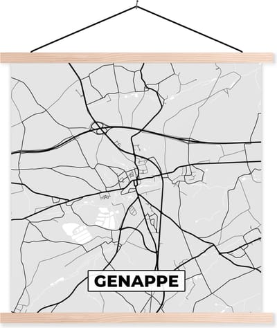 Posterhanger incl. Poster 40x40 cm - Schoolplaat - Stadskaart – Plattegrond – België – Zwart Wit – Genappe – Kaart - Textielposter - Blanke latten - Stadskaart