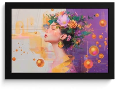 Poster in lijst - Fotolijst 30x20 cm - Posters - Abstract - Vrouw - Bloemenkroon - Goud - Posterlijst zwart - Decoratie - Wanddecoratie woonkamer - Muurdecoratie slaapkamer
