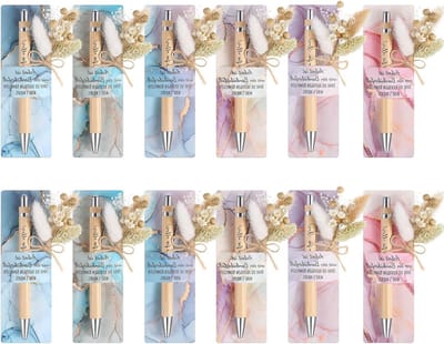 Cadeauset met Houten Balpen en Gravering, Boeket van Echte Gedroogde Bloemen en Papieren Penhouder voor Afscheidscadeau Leraar of Collega (12 Sets, Marmerkleur)