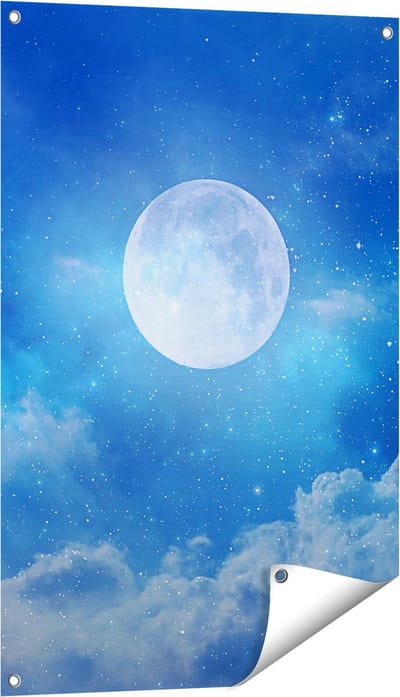 Gards Tuinposter Volle Maan in de Blauwe Hemel met Sterren - 60x90 cm - Tuindoek - Tuindecoratie - Wanddecoratie buiten - Tuinschilderij