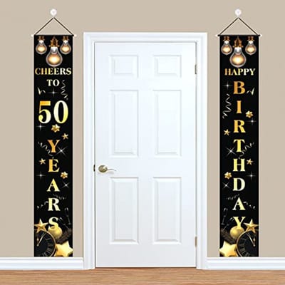 50th birthday decorative banner black and gold birthday party decorations for women men 50th birthday decoration happy - ShopVlot