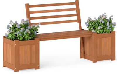 COSTWAY Bloembak met tuinbank, bank met 2 plantenbakken aan de zijkant, 2-zits hardhouten bank met rugleuning, draagvermogen tot 150 kg, voor tuin, balkon, terras, buitengebruik, 172 x 46,5 x 91 cm, naturel