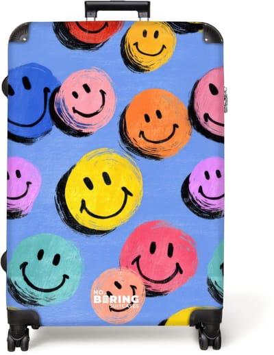 NoBoringSuitcases.com® - Koffer groot - Reiskoffer lichtgewicht - Kleurrijke smiley's op een blauwe achtergrond - Rolkoffer met 4 wielen - Grote trolley XL - 98 liter bagage