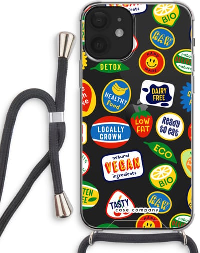 Case Company® - Hoesje met koord geschikt voor iPhone 12 mini hoesje met Koord - Fruitsticker - Telefoonhoesje met Zwart Koord - Bescherming aan alle Kanten en Over de Schermrand
