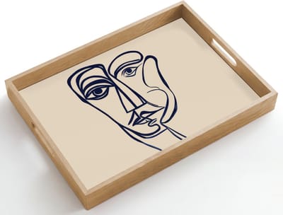 Dienblad hout 50x35 cm - Schootdienblad - Minimalistisch - Lijnillustratie - Beige - Donkerblauw - Borrelplank rechthoek - Plateau dienbladen