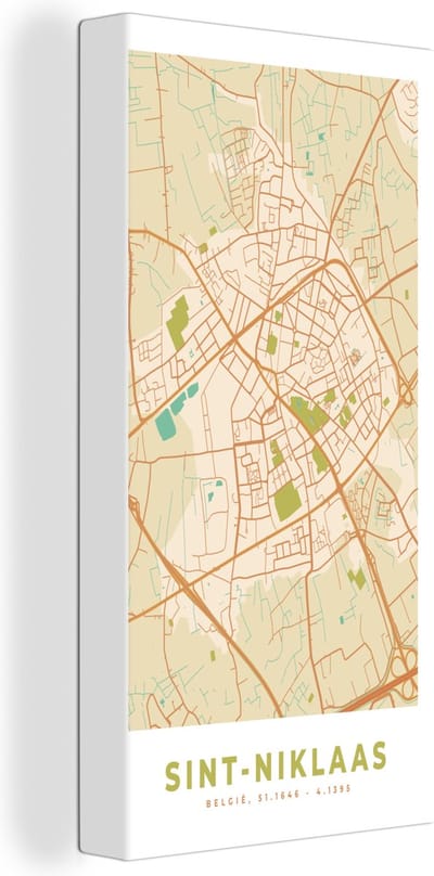 Canvas Schilderij Plattegrond - Retro - Stadskaart - Sint-Niklaas - Kaart - 20x40 cm - Wanddecoratie