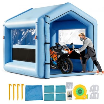 VEVOR Opblaasbare Spuitcabine 3 x 2,5 x 2,5 m, Spuitcabine Tent met 550 W Blower & Luchtfiltersysteem & Transparant Venster, Driehoekig Dak, 210D Oxford Stof, Spuitverf Blauw