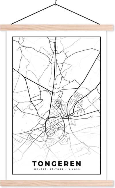 Posterhanger incl. Poster 40x60 cm - Schoolplaat - Plattegrond – Tongeren – Zwart Wit – Stadskaart - Kaart - België - Textielposter - Blanke latten - Stadskaart