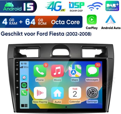 Junsun Android 15 Autoradio Geschikt Voor Ford Fiesta 2002-2008 - 4GB+64GB - Draadloze CarPlay & Andriod Auto - Bluetooth - GPS Navigatiesytem - 9-inch HD Touchscreen - WIFI - FM - RDS - Octa-core processor