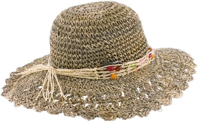 Herman Dameszonnehoed van zeegras en stro met geschulpte rand, raffia riem en kralen, maat S/55