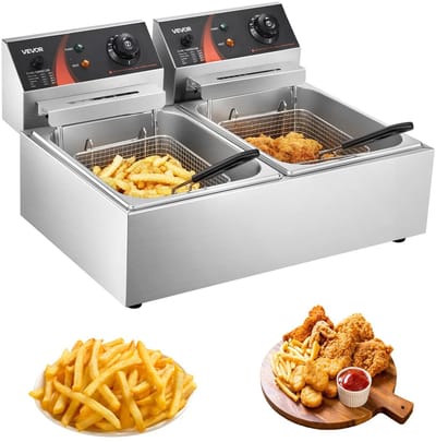 Dubbele Elektrische Friteuse - 12L - 5000W - RVS Deep Fryer - 2 Tanks - 2 Mandjes - Deksel - Instelbare Temperatuur - Snelle Verwarming - Commercieel gebruik