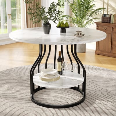 Modern eettafelset - 5-delig - met 4 stoelen - ronde eettafel - zwarte tafelpoten - wit tafelblad - grijze eetkamerstoelen
