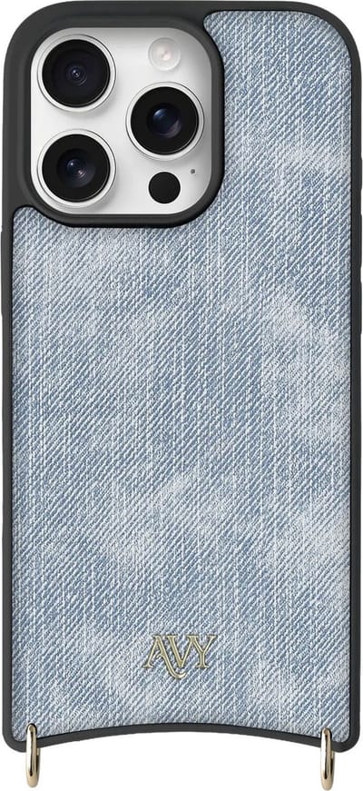 AVY Leren Hoesje geschikt voor Apple iPhone 16 Pro | Compatibel met MagSafe | Kunstleren Case | Back Cover | Haakjes voor koord | Denim