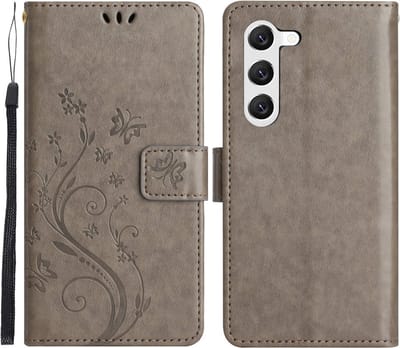 Coverup Hoesje - Geschikt voor Samsung Galaxy S23 Hoesje - Coverup Bloemen & Vlinders Book Case - Taupe Grijs