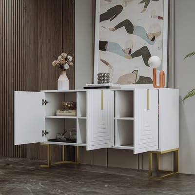 STILVORA Dressoir - 3-Deurs Opbergkast Met Verstelbare Planken En U-Vormige Deur - MDF - Gouden Grepen L-Vormige Metalen Voet - 44.6x52.5 cm - Wit