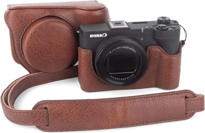 Beschermende PU leren tas voor Canon Powershot V1 vlogcamera, afneembare schouderband, stijlvolle camera-oplossing, koffie kleur
