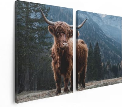 Artaza Canvas Schilderij Tweeluik Schotse Hooglander Koe In De Bergen - 120x80 - Foto Op Canvas - Canvas Print