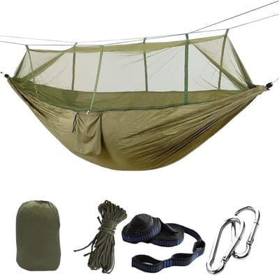Hangmat Buiten - Kampeerhangmat Lichtgewicht - Ontspannen in Natuur - Met Klamboe - 2-persoons 260x140 - Naturel
