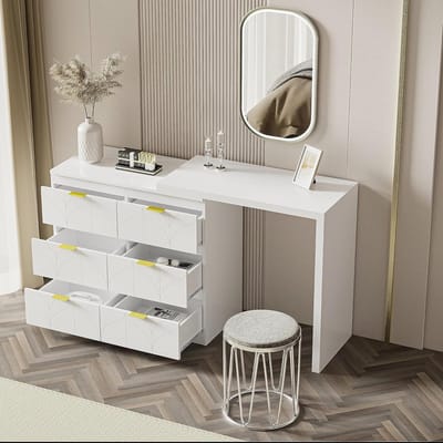 Draaibare Make-up Tafel en Bureau met 6 Lades en Archiefkast Wit