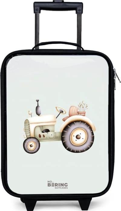 NoBoringSuitcases.com® - Kinderkoffer jongen - Kindertrolley meisje - Beige vintage tractor in pastel groene kleuren - Koffer kind lichtgewicht - Reiskoffer trolley voor kinderen - Koffertje met lichtgevende wieltjes - Rolkoffer zwart