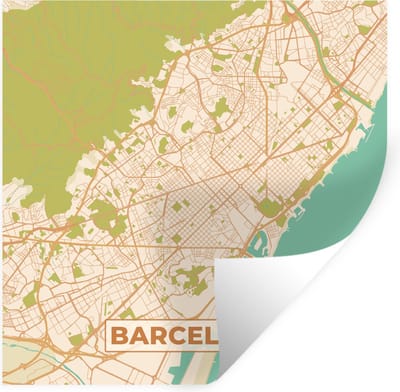 Muurstickers - Sticker Folie - Kaart - Barcelona - Stadskaart - Vintage - Plattegrond - 100x100 cm - Plakfolie - Muurstickers Kinderkamer - Zelfklevend Behang XXL - Zelfklevend behangpapier - Stickerfolie