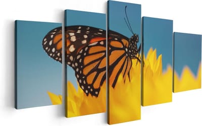 Artaza Canvas Schilderij Vijfluik Oranje Vlinder Bij Een Zonnebloem - 100x50 - Foto Op Canvas - Canvas Print