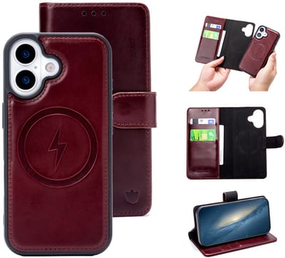 Casemania Echt Leren Hoesje Geschikt voor Apple iPhone 17 - Burgundy Red - Geschikt voor MagSafe - Leer 2 in 1 Magnetisch Afneembare Book Case - Portemonnee Telefoonhoesje met Pasjeshouder
