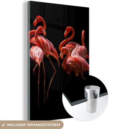 MuchoWow® Glasschilderij 120x180 cm - Schilderij acrylglas - Flamingo's - Vogels - Veren - Zwart - Foto op glas - Schilderijen