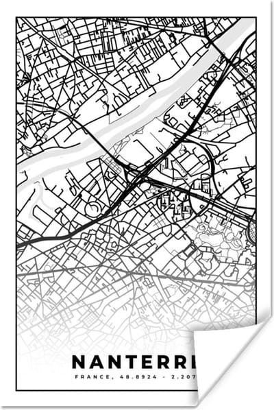 Poster Plattegrond - Nanterre - Kaart - Frankrijk - Stadskaart - Zwart wit - 120x180 cm XXL