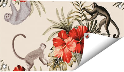 Gards Tuinposter Tropische Bloemen met Apen Achtergrond - 60x30 cm - Tuindoek - Tuindecoratie - Wanddecoratie buiten - Tuinschilderij