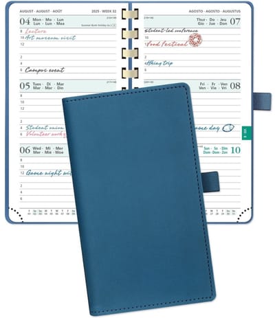 Famanu – Agenda Pocket 2025 2026 Weekplanner 16,5 x 9 cm van Aug'25 - Dec'26 - Kleine 17 Maanden met Zachte Spiral Binding Kaft, Kaartsleuf, Papier 80 GSM, Nachtblauw