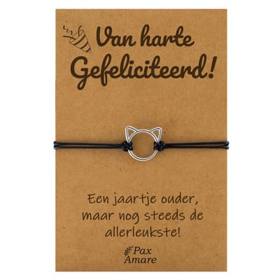 Pax Amare Armbandje met Schattig Katje "Van harte Gefeliciteerd" - Vriendschapsarmbandje Cadeau - BFF Armband Cadeau - Zwart & Zilverkleurig