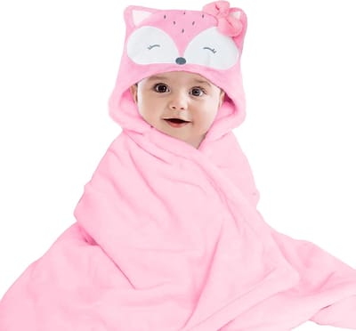BoefieBoef 2in1 Roze Vos Baby Badcape en Kinder Wikkeldeken met Dieren Capuchon – Fleece Flanel Stof – Peuter Omslagdoek – 0-3 jaar - Kleuter Baby deken - Baby Badjas - Kerst- en Kraamcadeau