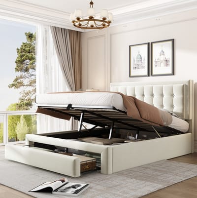 MEUNIQ tweepersoons opbergbed 140x200 cm met lattenbodem, verstelbaar hoofdbord, hydraulische opbergruimte en 2 lades, velvet stof, beige