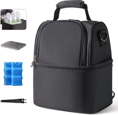 Thijox - Geïsoleerde Moedermelkkoeltas met Ijspak - Dubbeldeks Lunchtas voor Babyflessen - Zwart - Voor Moeders en Vaders - Ideaal voor Werk, Dagopvan