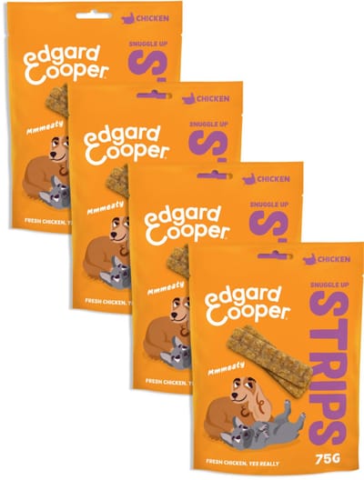 Edgard & Cooper Natural Dog Treats - Chicken Snuggle Up Strips - (4 x 75g), Graanvrij, Vers vlees met hoog eiwitgehalte, vol essentiële aminozuren