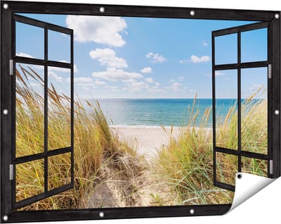 Gards Tuinposter Doorkijk Strand en Zee vanuit Duinen - 120x80 cm - Tuindoek - Tuindecoratie - Wanddecoratie buiten - Tuinschilderij