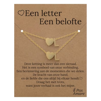 Letter L ketting + armband set op Cadeau Kaartje - Een letter, een belofte - Goudkleurig Stainless Steel - Initiaal & Hartje Hanger - Pax Amare
