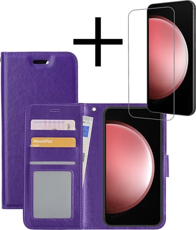 Hoesje - Met Screenprotector - Geschikt voor Samsung Galaxy S23 FE - Luxe Pasjeshouder - Bookcase Portemonee - Flip Case - Kunstleer Book Case - Flipcase - Book Cover - Walletcase - Portemonneehoes - Paars