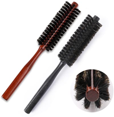 Dailygoods- Haarborstel Varkenshaar - Set van 2 - Ronde Haarborstel - Houten Handvat - Draagbaar - 21 cm - Zacht voor Hoofdhuid - Stylingborstel