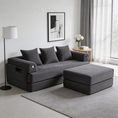 Komhtom - Modulaire corduroy-bank met poef - met stevig metalen frame, zijvak en 3 comfortabele kussens - extra dikke vulling voor meer comfort - vrij te combineren en veelzijdig inzetbaar - donkergrijs