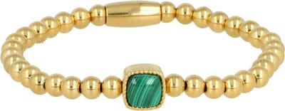 My Bendel - Goudkleurige Elastische Bedelarmband met Malachite Steen - Goudkleurige Malachite Armband - Luxe Elastische Damesarmband - met Luxe Cadeauverpakking | Sieraden Voor Dames | Maat S