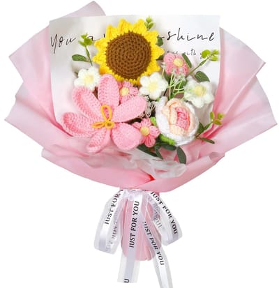 Dailygoods- Bloemenboeket Handgemaakt - Kunstbloemen Boeket - Kunstbloemen Voor Binnen/Buiten - Gehaakte Roos/Zonnebloem - Duurzaam - Roze Verpakking