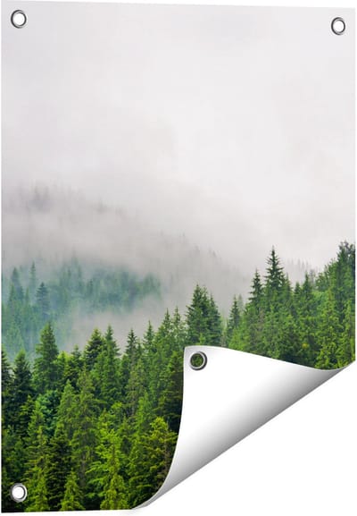 Gards Tuinposter Groen Bos met Bomen tijdens de Mist - 40x50 cm - Tuindoek - Tuindecoratie - Wanddecoratie buiten - Tuinschilderij