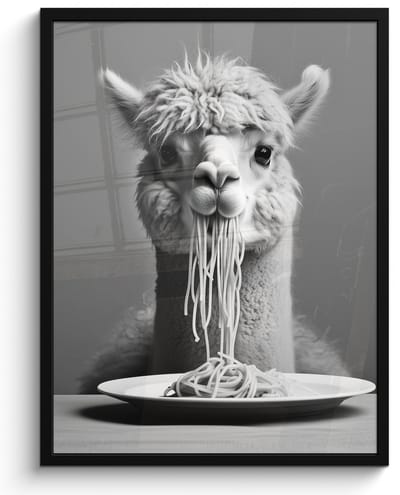 Poster in lijst - Fotolijst 50x70 cm - Posters - Alpaca - Pasta - Zwart - Wit - Grappig - Dieren - Posterlijst zwart - Decoratie - Wanddecoratie woonkamer - Muurdecoratie slaapkamer