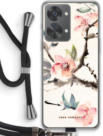 Case Company® - Hoesje met koord geschikt voor OnePlus Nord 2T hoesje met Koord - Japanse bloemen - Telefoonhoesje met Zwart Koord - Bescherming aan alle Kanten en Over de Schermrand