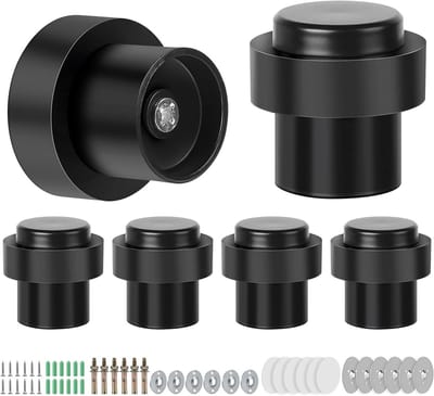 SnelShoppen - 6 Stuks Zwarte Vloerdeurstoppers 304 Roestvrij Staal - Zelfklevende Deurstopper Muur met Stickers en Schroeven - Ø 32 mm, Hoogte 45 mm -
