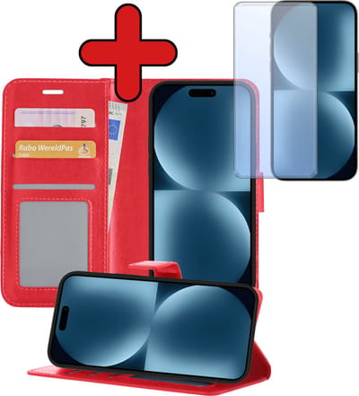 Hoesje - Met Screenprotector - Geschikt voor Apple iPhone 15 - Luxe Pasjeshouder - Flipcase - Bookcase Portemonee - Flip Case - Kunstleer Book Case - Book Cover - Walletcase - Portemonneehoes - Telefoonhoes - Rood
